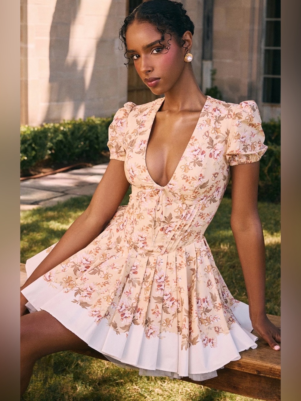 House of CB Imani Honeyflower print pleated cotton mini dress